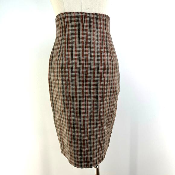 Jil Sander Check Plaid Pencil Skirt Brown High Waisted Wool Vintage - Picture 8 of 8